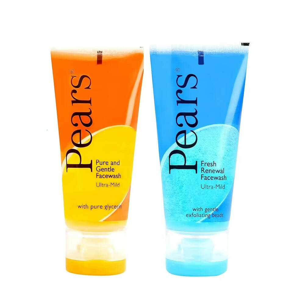 Two tubes of Pears facewash, one orange and one blue, on a white background.
