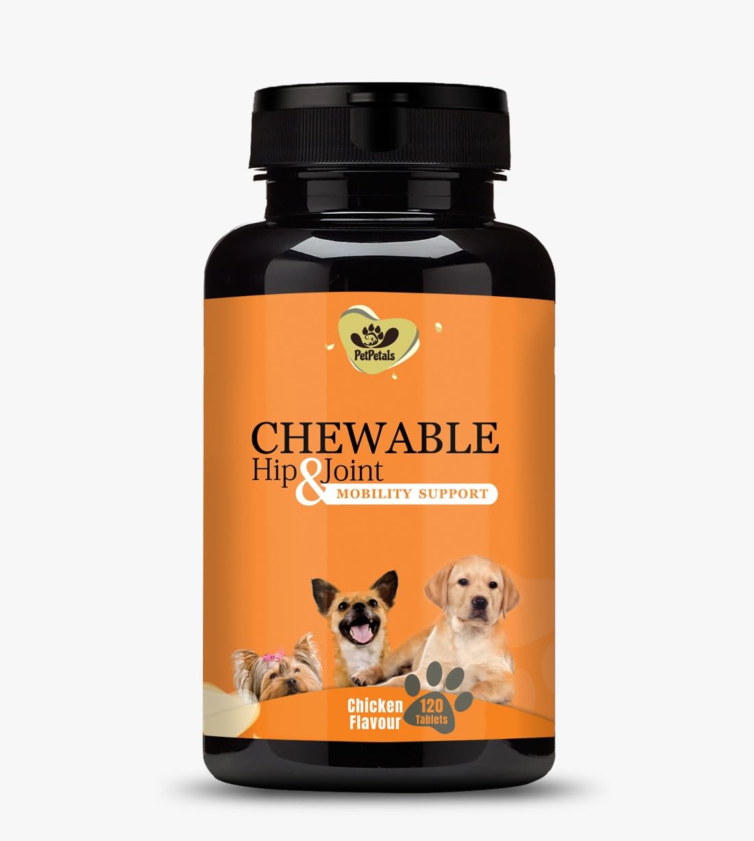 Bottle of chewable hip and joint support for pets with an orange label and black cap.