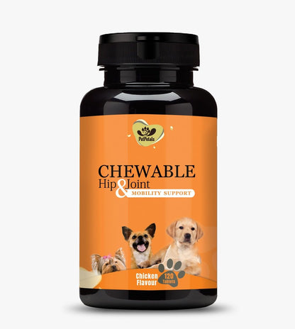 Bottle of chewable hip and joint support for pets with an orange label and black cap.