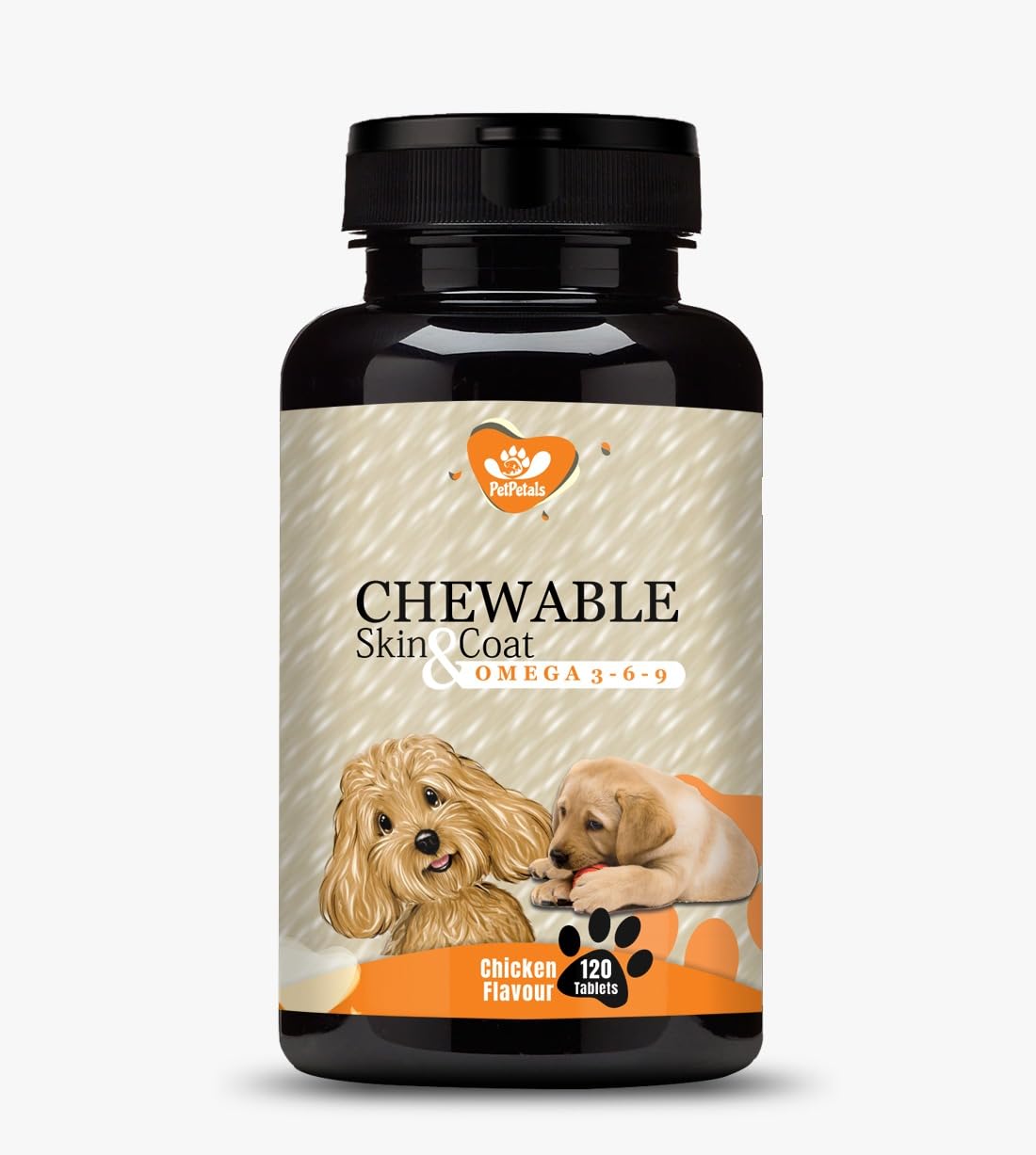 Dog supplement bottle labeled 'Chewable Skin & Coat' on a white background
