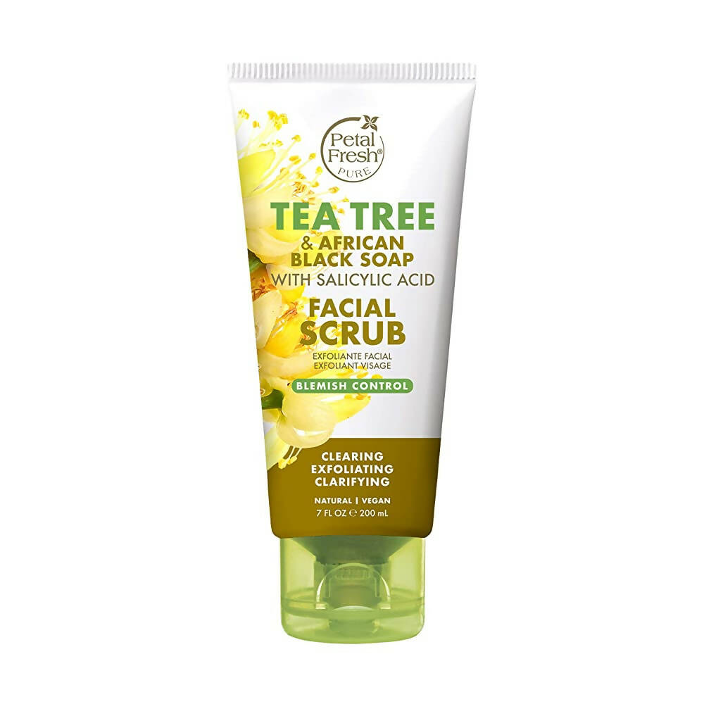 Tube of Petal Fresh Tea Tree & African Black Soap Facial Scrub on a white background