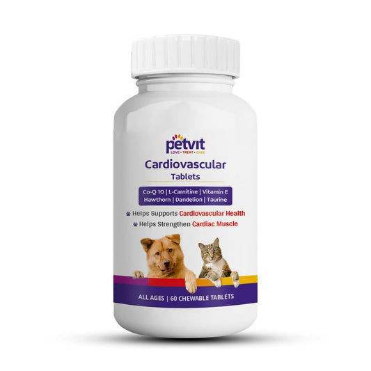 Petvit cardiovascular tablets bottle for pets on a white background