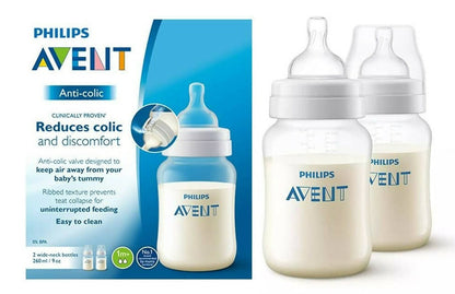 Philips Avent anti-colic baby bottles with packaging on a white background