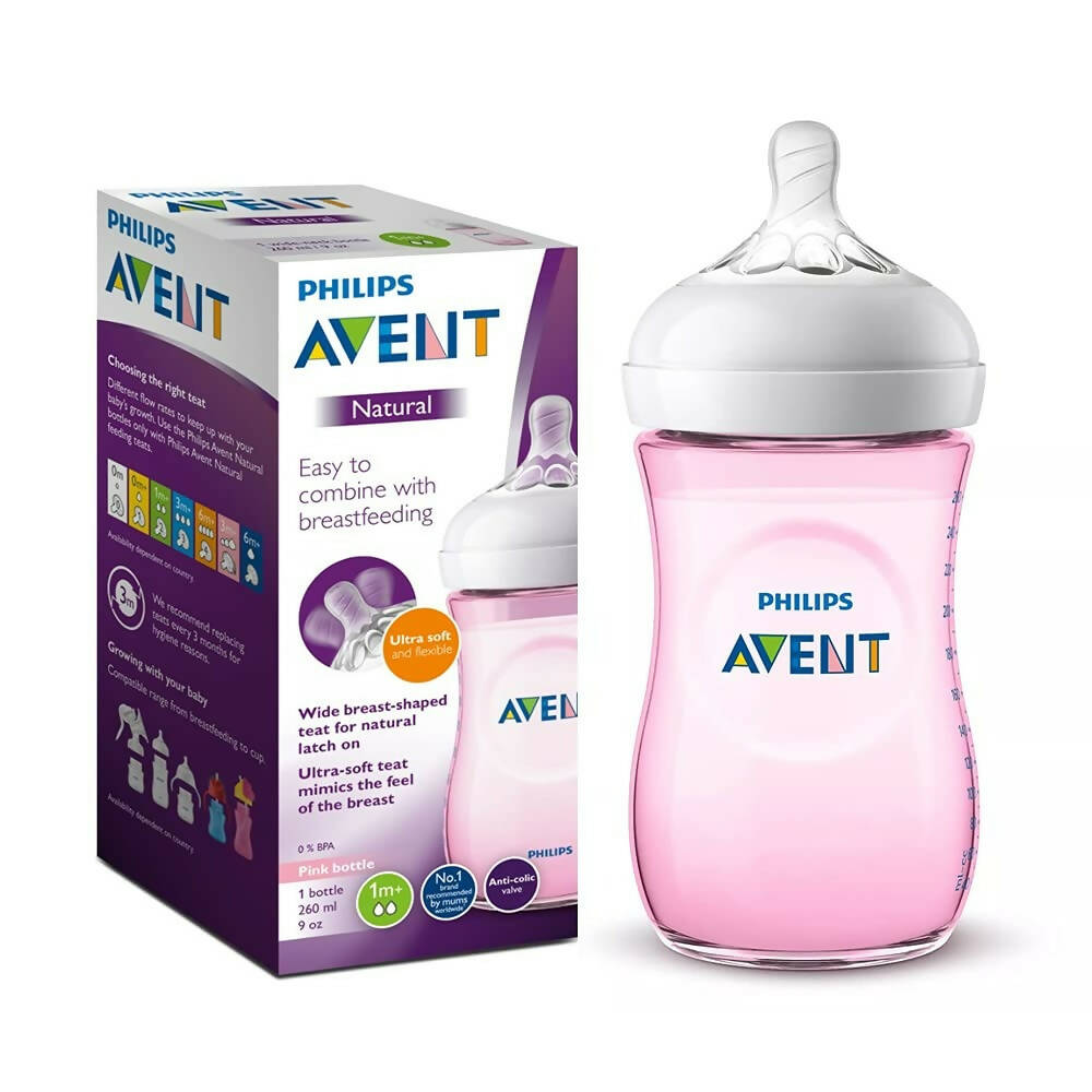 Pink Philips Avent baby bottle with packaging on a white background