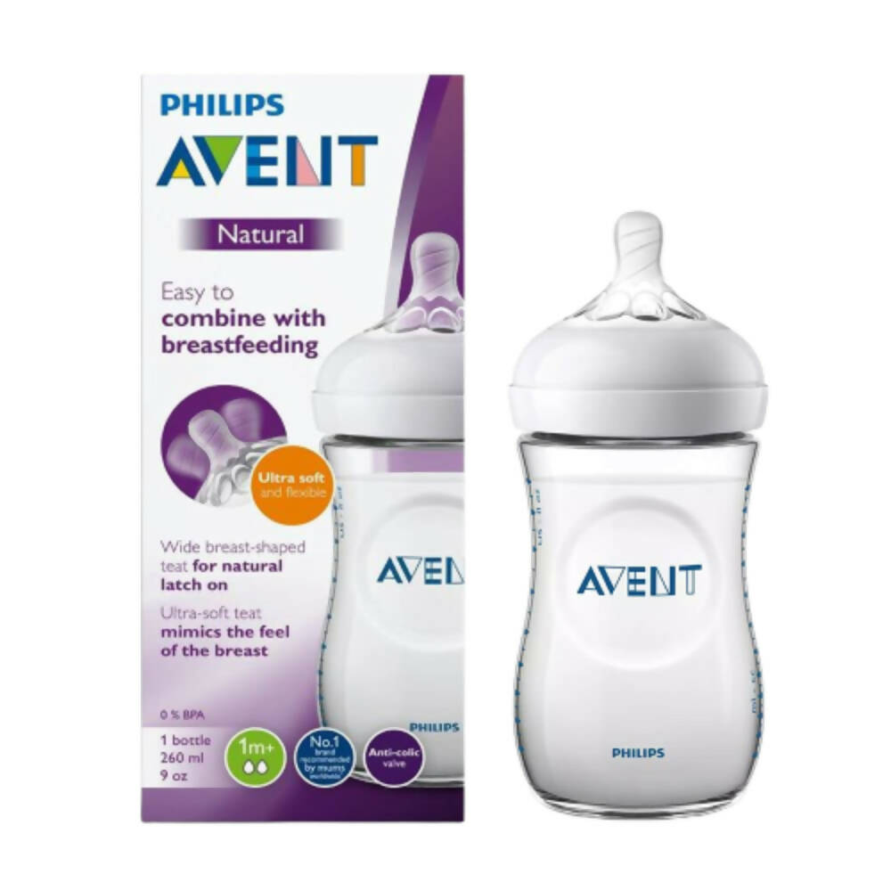 Philips Avent baby bottle with packaging on a white background