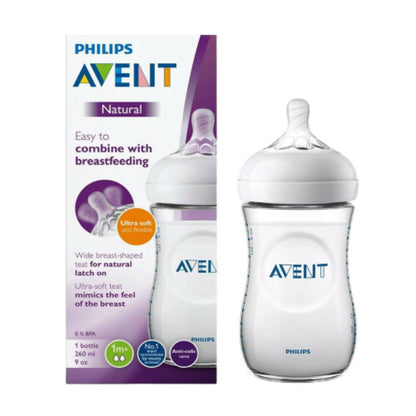Philips Avent baby bottle with packaging on a white background