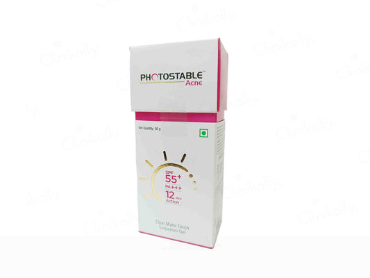 Photostable Acne treatment packaging on a white background