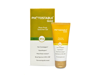 Photostable Gold sunscreen gel with packaging on a white background