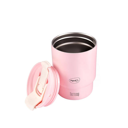 Pink thermos with a white lid on a white background