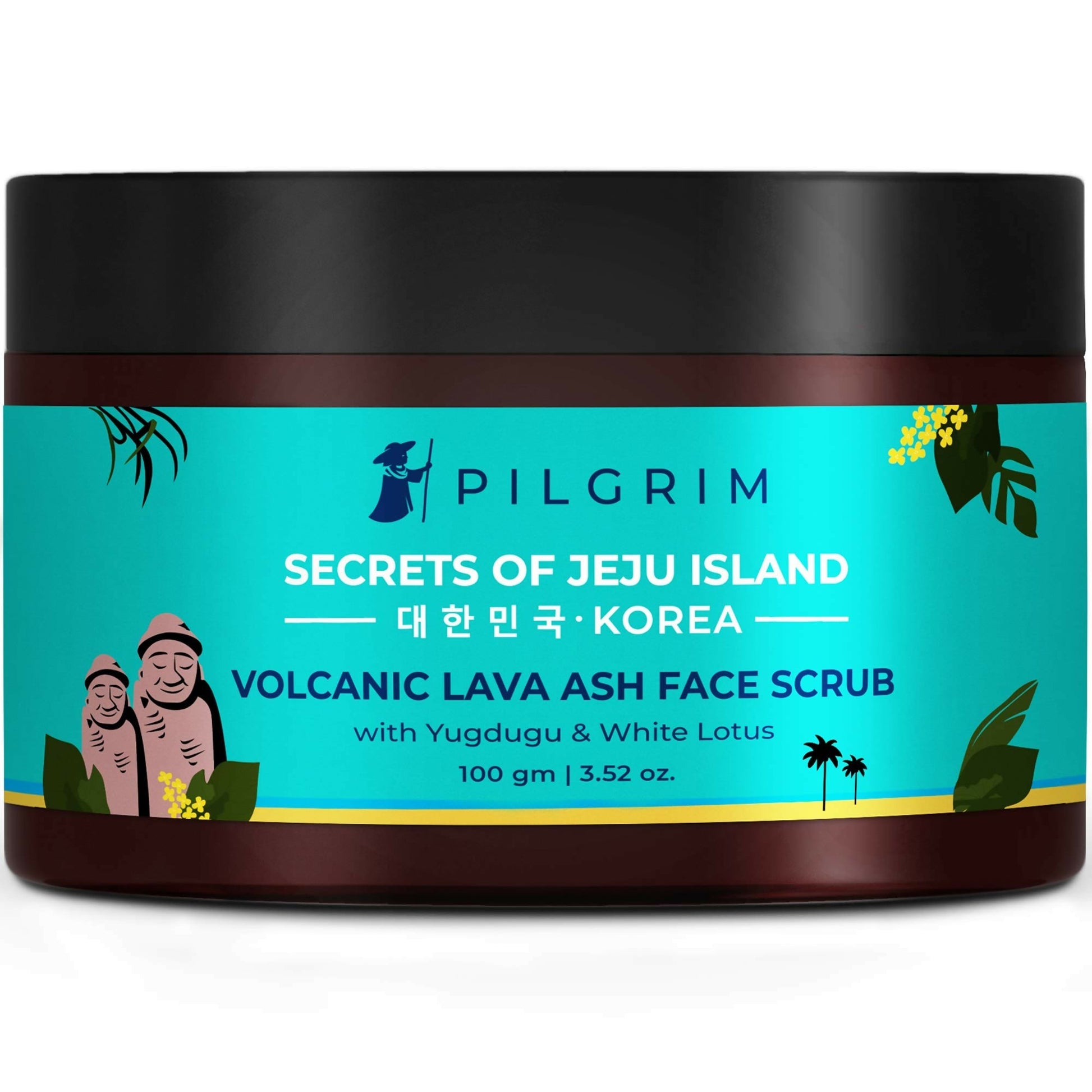 Pilgrim Volcanic Lava Ash Face Scrub container with blue label and black lid on a white background