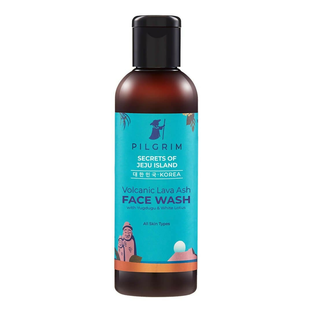 Pilgrim Volcanic Lava Ash Face Wash bottle with blue label on a white background