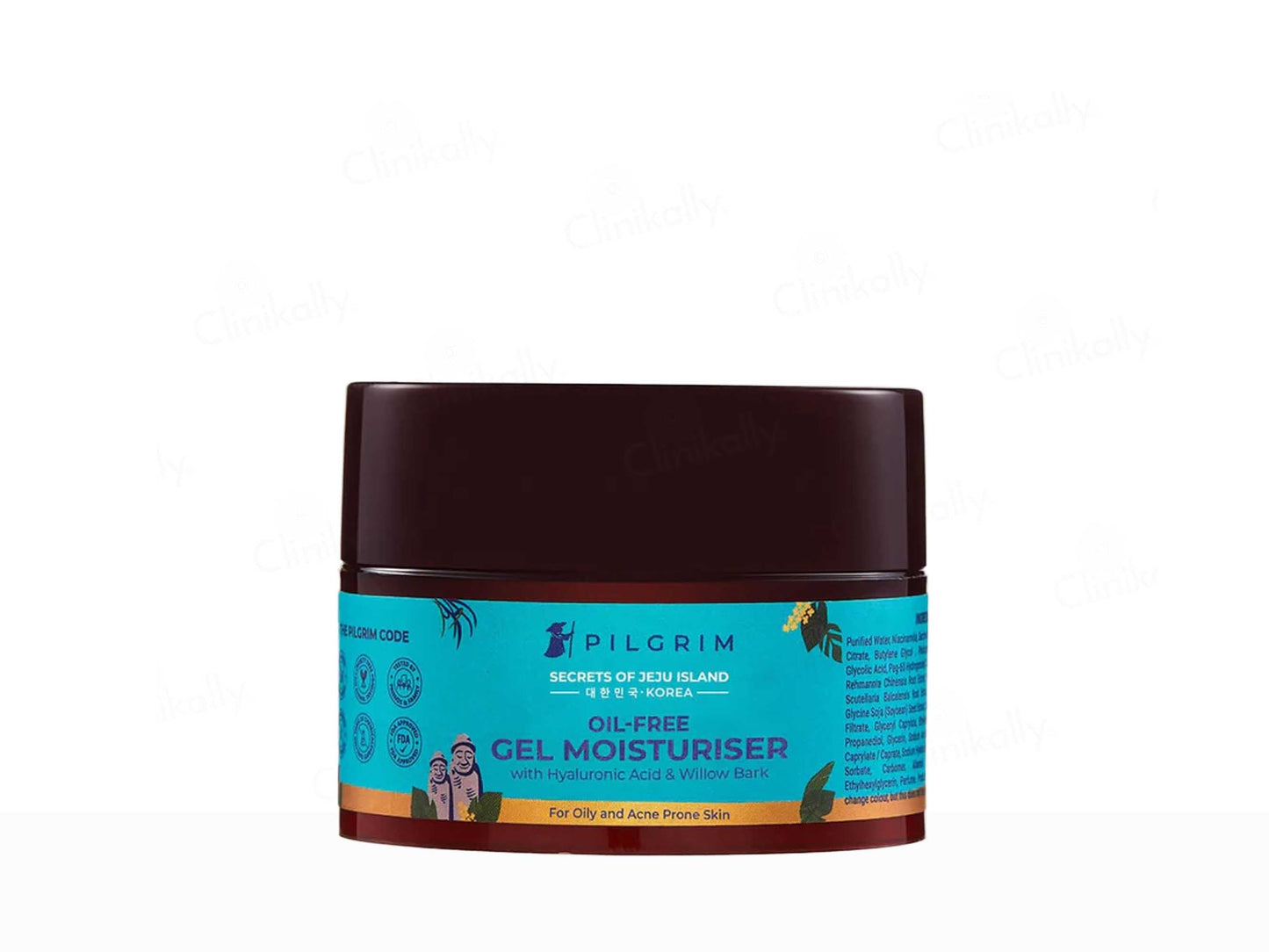 Jar of Pilgrim oil-free gel moisturizer on a white background