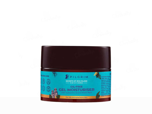 Jar of Pilgrim oil-free gel moisturizer on a white background