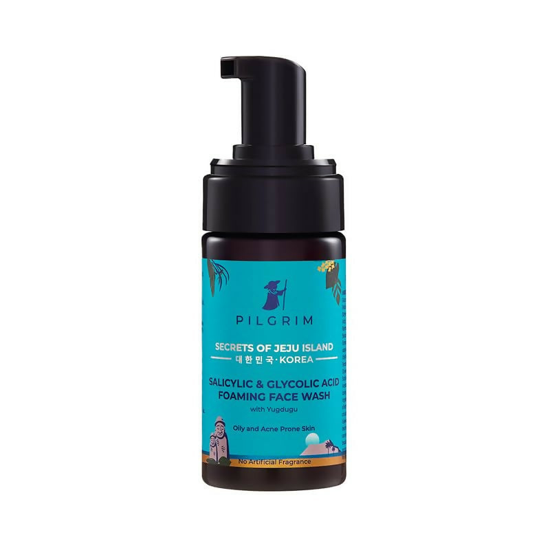 Foaming face wash bottle with blue label and black pump on white background
