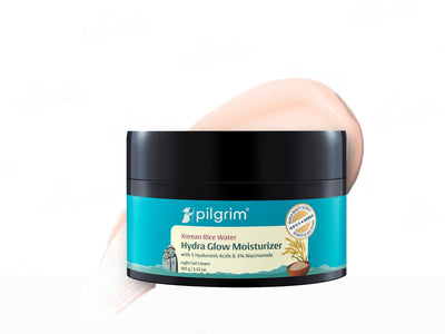 Pilgrim Korean Rice Water Hydra Glow Moisturizer jar with a pink makeup sponge on a white background