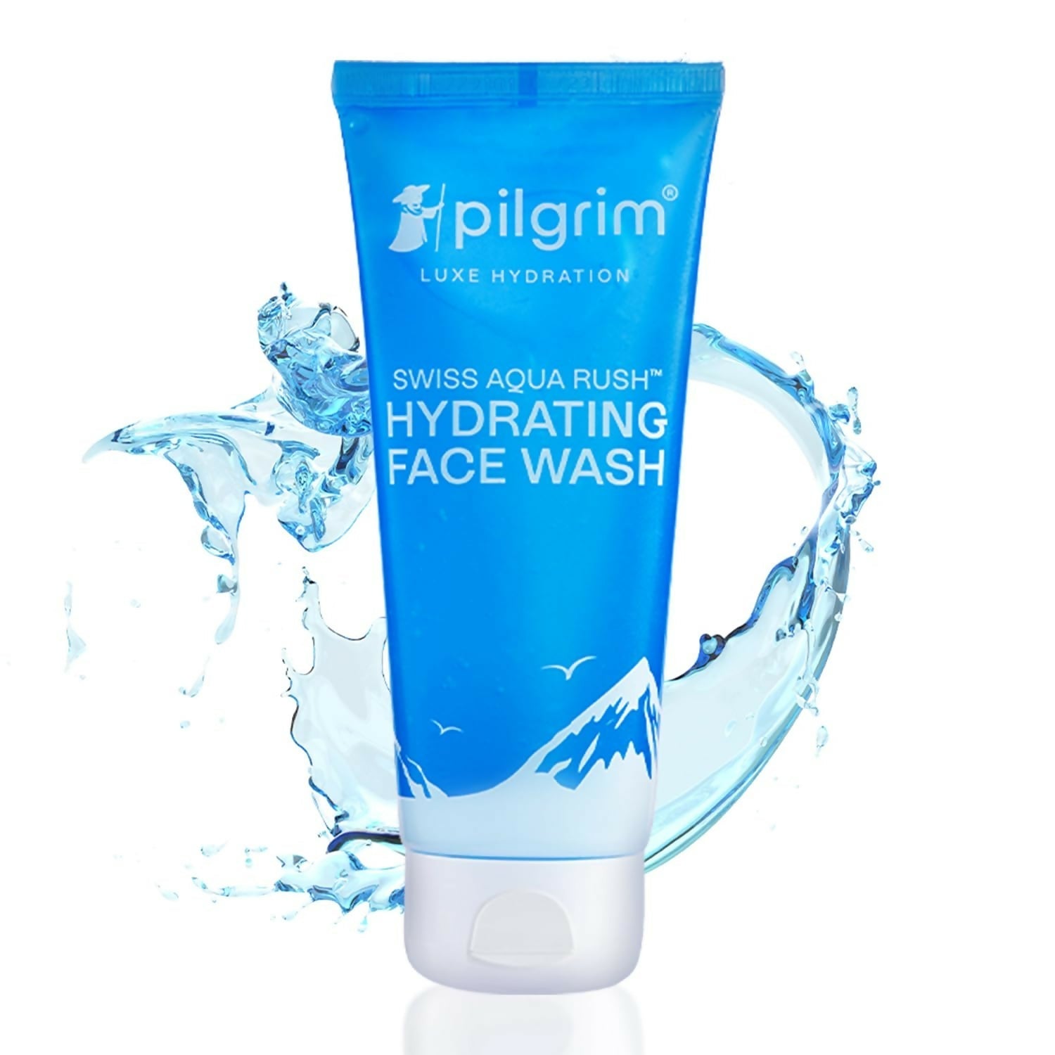 Pilgrim Swiss Aqua Rush Hydrating Face Wash tube with water splashes on a white background