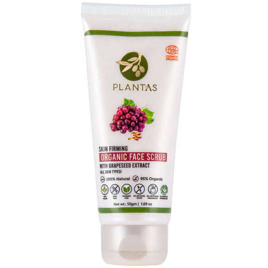 Plantas organic face scrub tube with grape seed extract on a white background