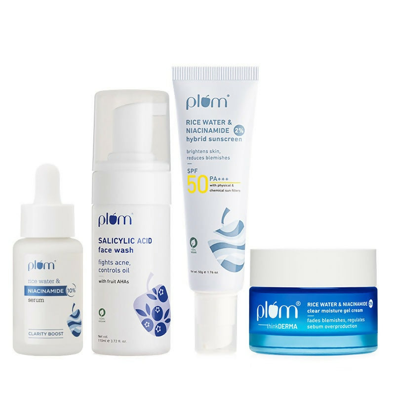 Collection of Plum skincare products on a white background