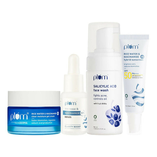 Collection of Plum skincare products on a white background