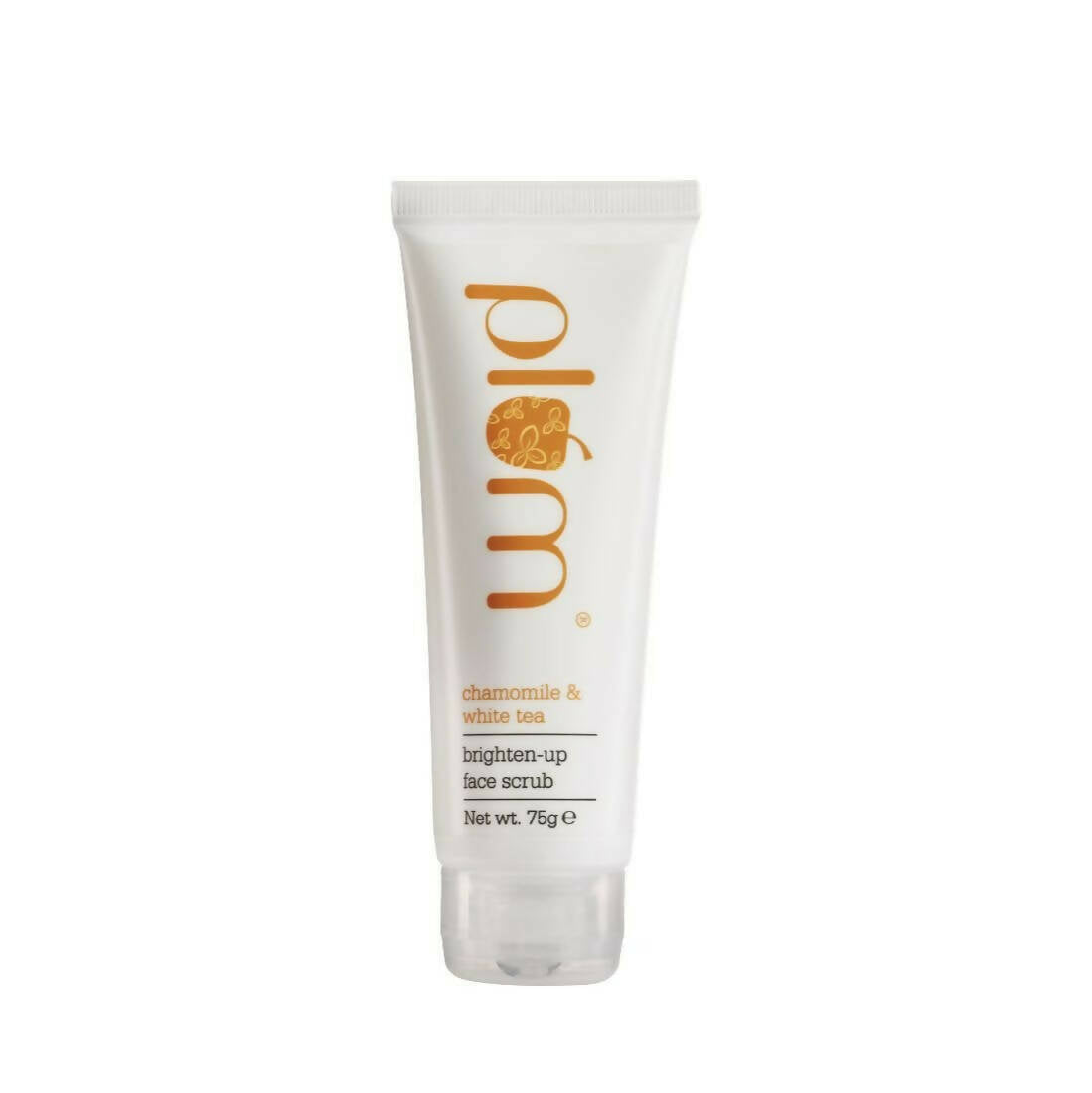 Tube of Plum chamomile and white tea brighten-up face scrub on a white background