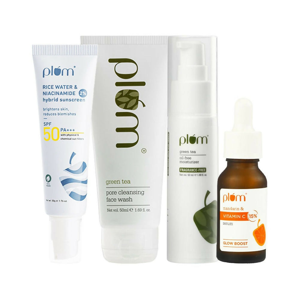 Collection of Plum skincare products including sunscreen, face wash, and serum on a white background.