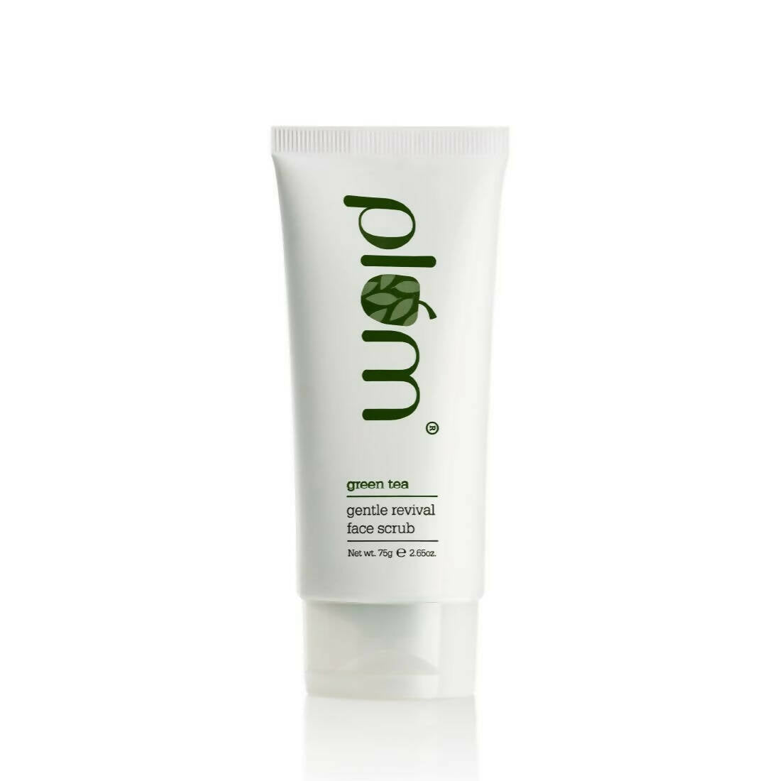 Tube of plém green tea face scrub on a white background