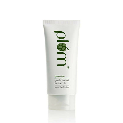 Tube of plém green tea face scrub on a white background