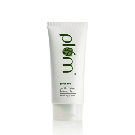 Tube of plém green tea face scrub on a white background