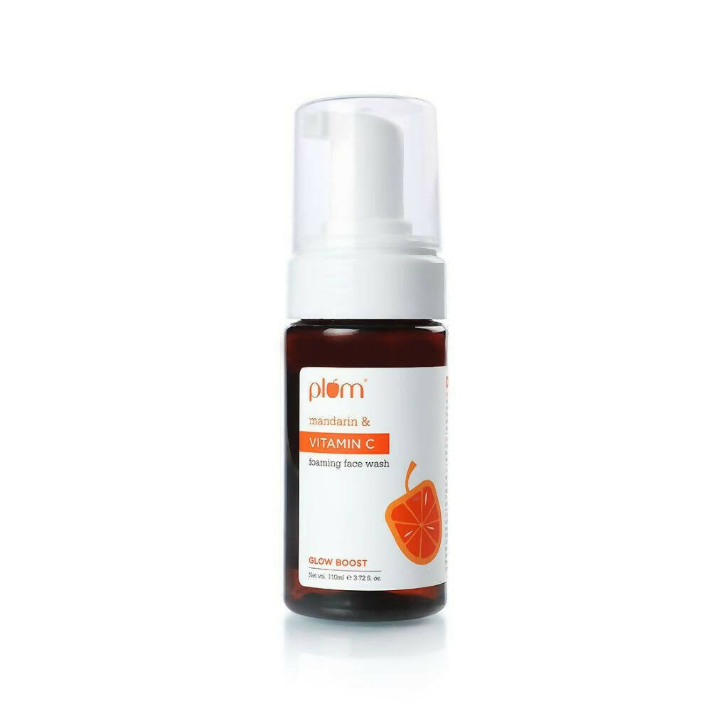 Bottle of Plum Mandarin & Vitamin C foaming face wash on a white background