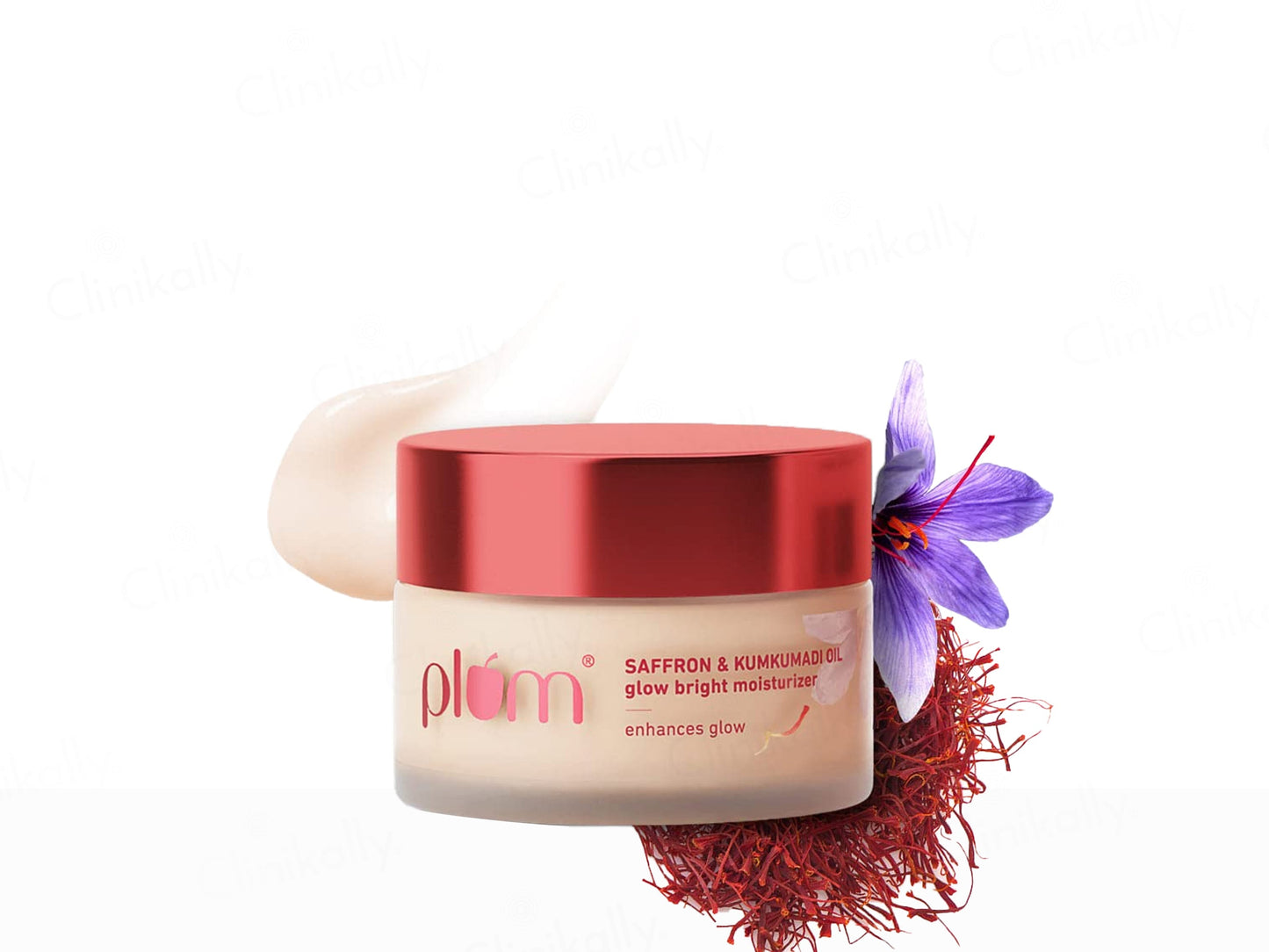 Plum skincare product with saffron and kumkumadi on a white background