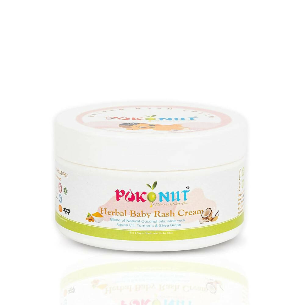 Jar of Pokonut Herbal Baby Rash Cream on a white background