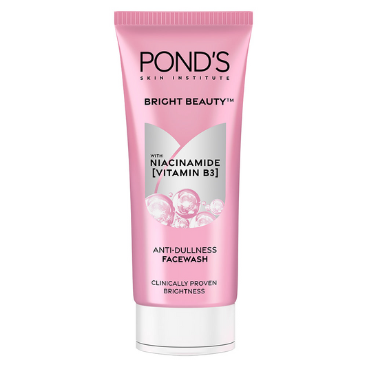 Ponds Bright Beauty Spot-less Glow Face Wash in a pink tube with white and black text, highlighting niacinamide and its benefits for brightness.