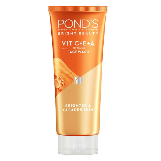 Pond's Bright Beauty facewash tube with orange packaging on a white background