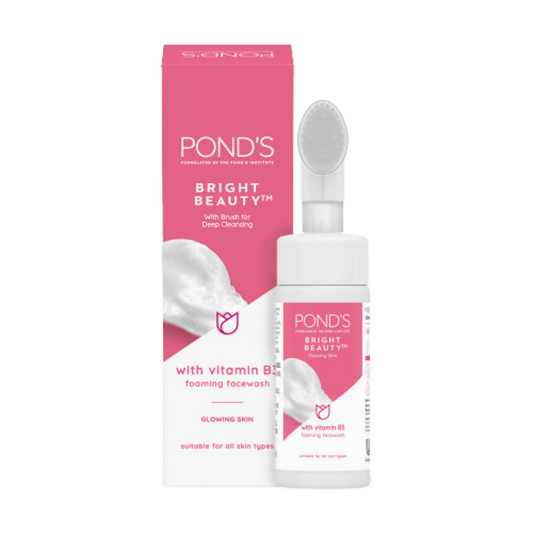 Ponds Bright Beauty foaming facewash with pink packaging on a white background