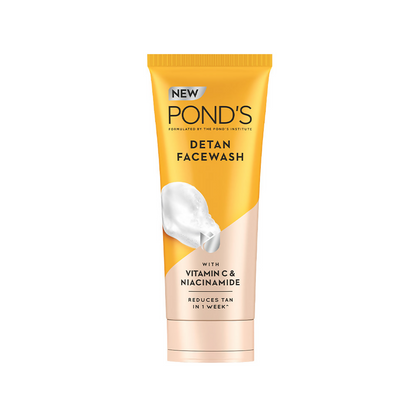 Ponds Detan Facewash tube with yellow and beige design on a white background