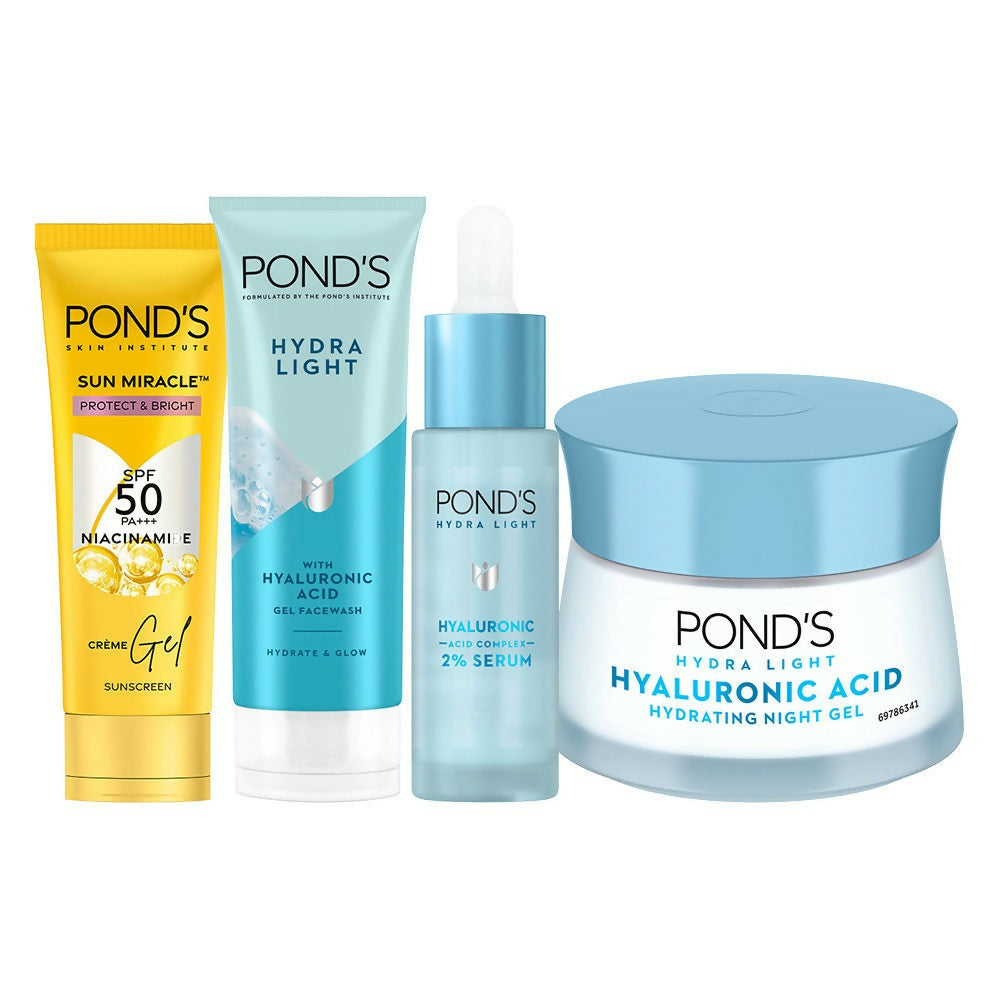Ponds skincare products including a sunscreen, facial wash, serum, and night gel on a white background
