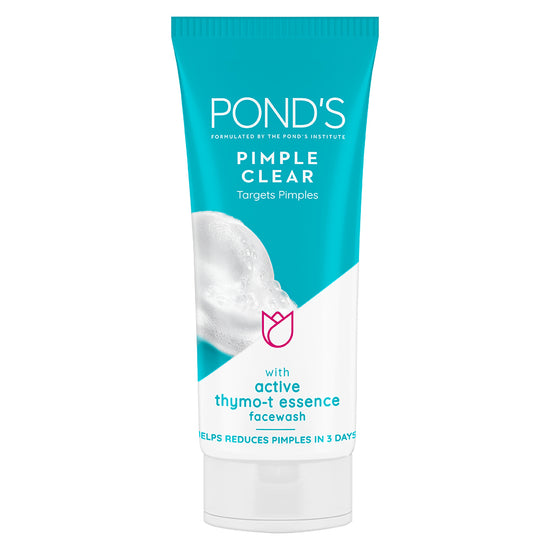A tube of Ponds Pimple Clear Face Wash with active thyme-essence facewash mentioned on the front.