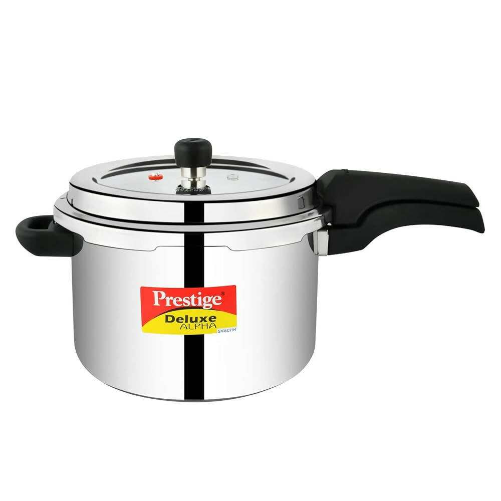 Pressure cooker with a visible Prestige brand label on a white background