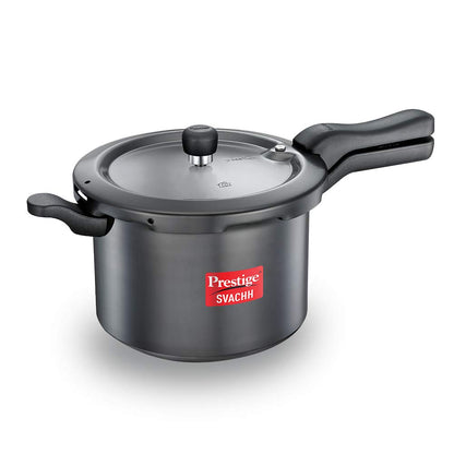 Prestige Svachh pressure cooker on a white background