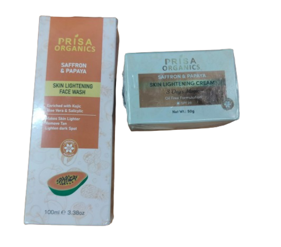 Prisa Organics Saffron & Papaya skincare products on a white background