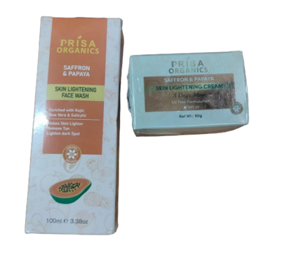 Prisa Organics Saffron & Papaya skincare products on a white background