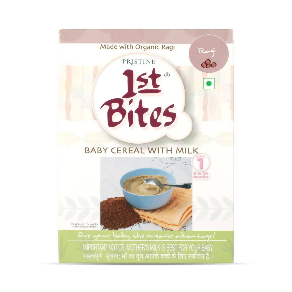 Pristine 1st Bites baby cereal with milk packaging on a white background