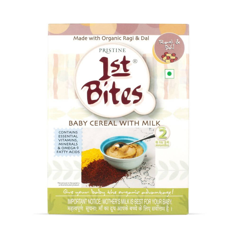 Pristine 1st Bites baby cereal with milk packaging on a white background
