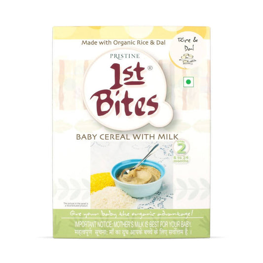 Pristine 1st Bites baby cereal with milk packaging on a white background