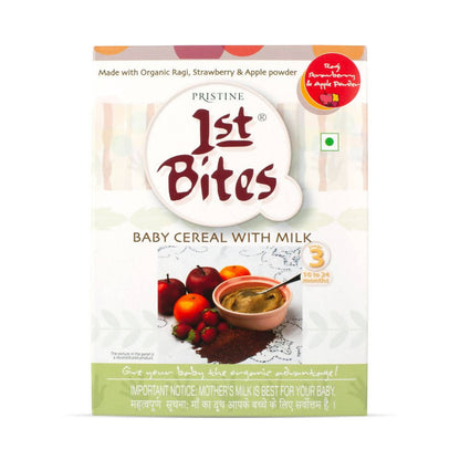 Pristine 1st Bites baby cereal with milk packaging on a white background