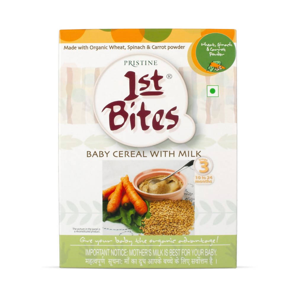 Pristine 1st Bites baby cereal with milk packaging on a white background