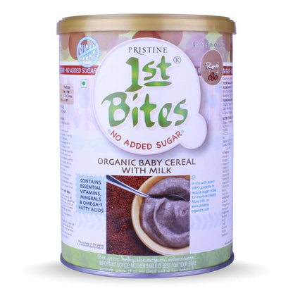 Pristine 1st Bites organic baby cereal with milk can on a white background