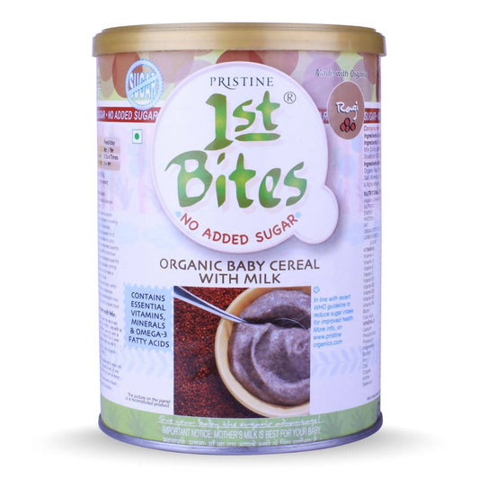Pristine 1st Bites organic baby cereal with milk can on a white background