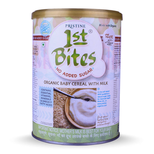 Pristine 1st Bites organic baby cereal with milk can on a white background