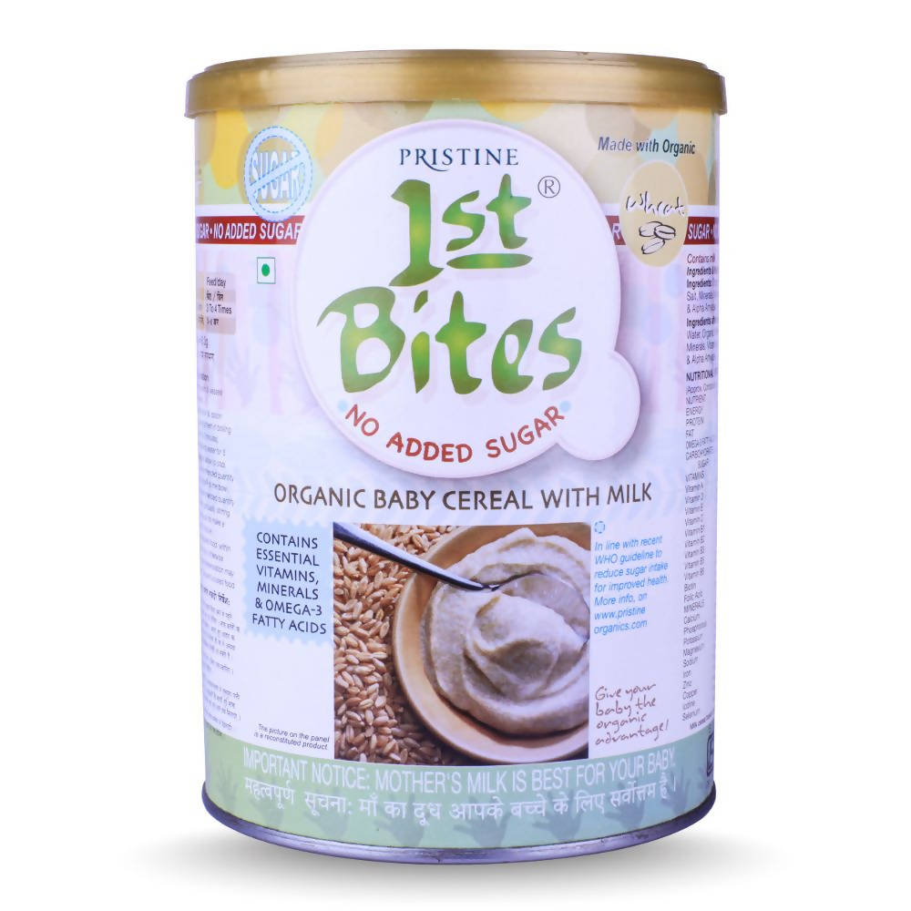Pristine 1st Bites organic baby cereal with milk can on a white background
